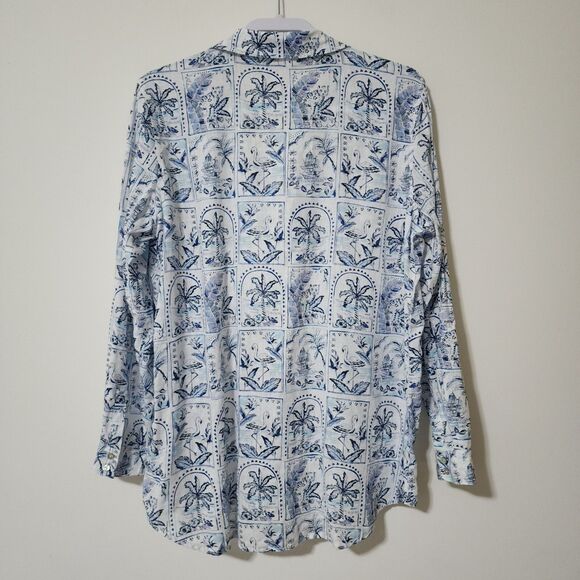 C&C California Womens Linen Shirt Roll-Tab Sleeve White Blue Tropical Size L - Picture 3 of 8